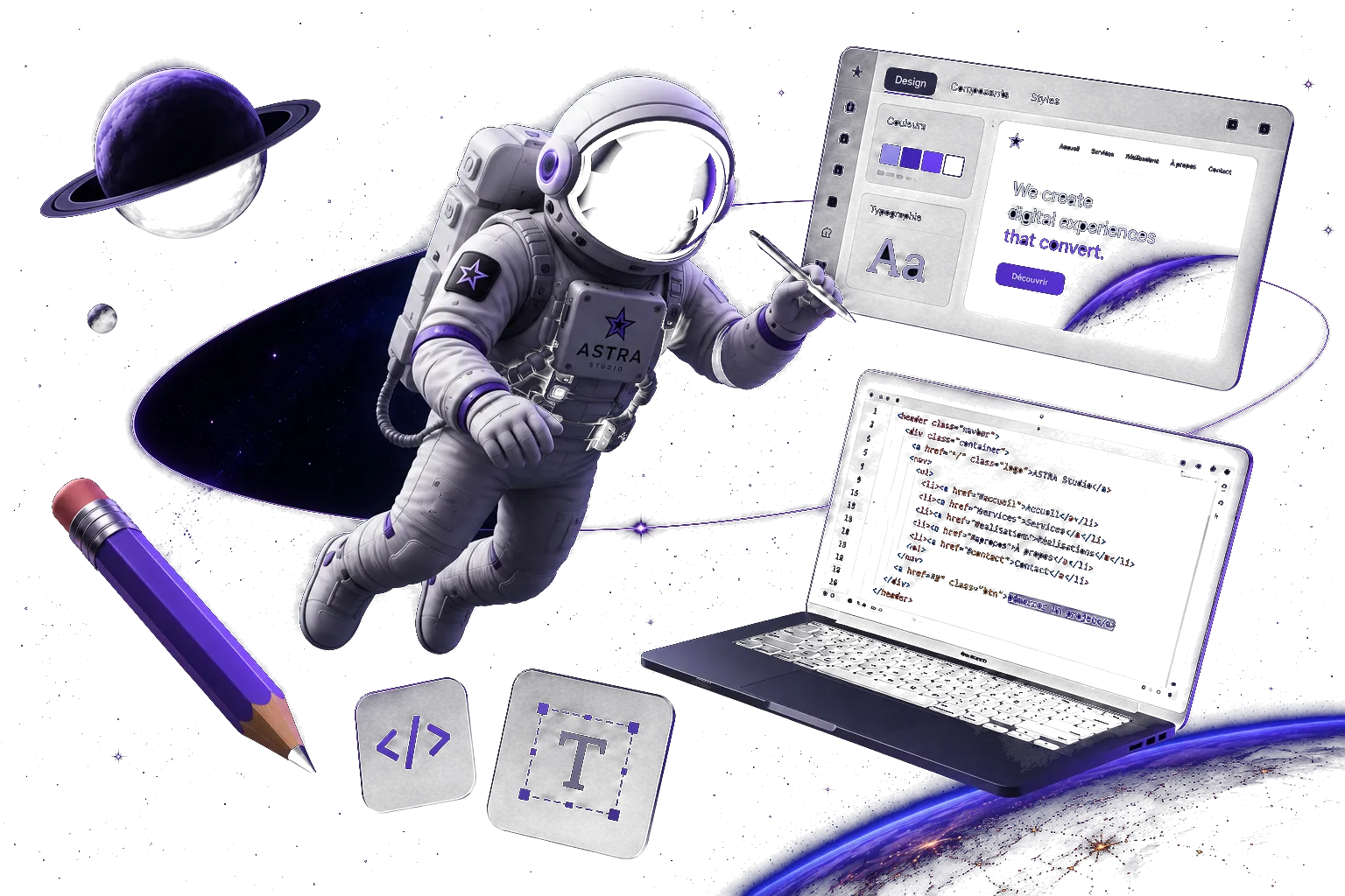 Astronaute ASTRA Studio composant une interface web en orbite, entouré d'un ordinateur portable, d'un crayon et d'un écran de design