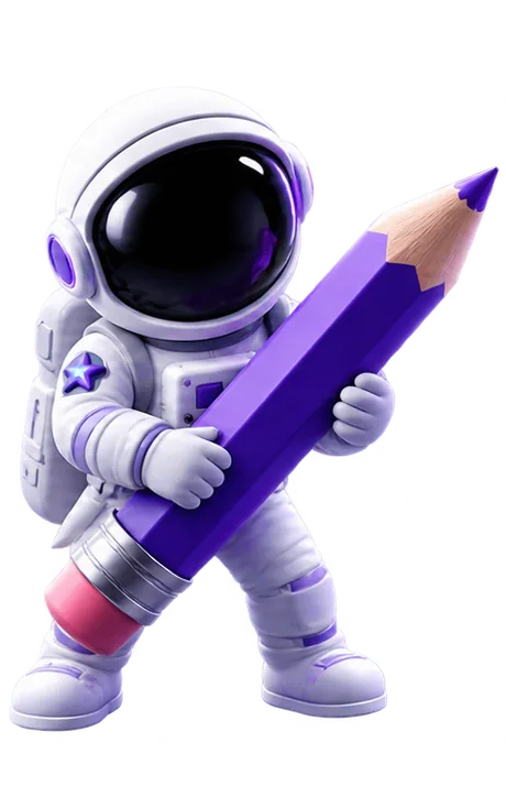 Astronaute ASTRA tenant un grand crayon violet